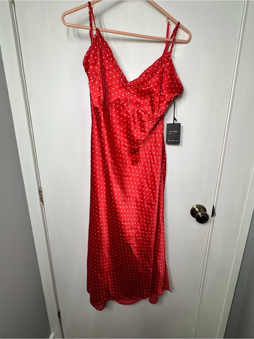 Japna Red Polka Dot Satin Midi Slip Dress